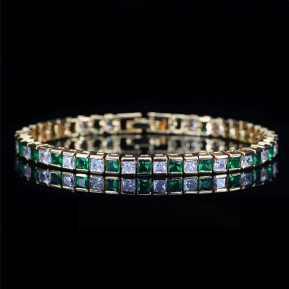 2ct Green Emerald Womens 14K Gold Gemstone & Diamond Tennis Bracelet Silver 7"
